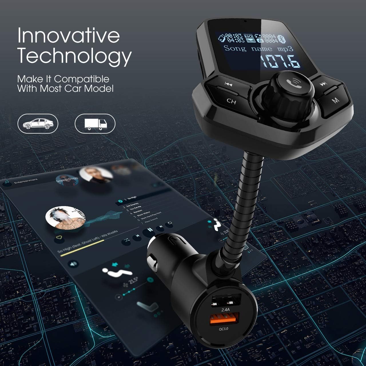 inCar Bluetooth FM Transmitter Wireless Radio Adapter HandsFree Car