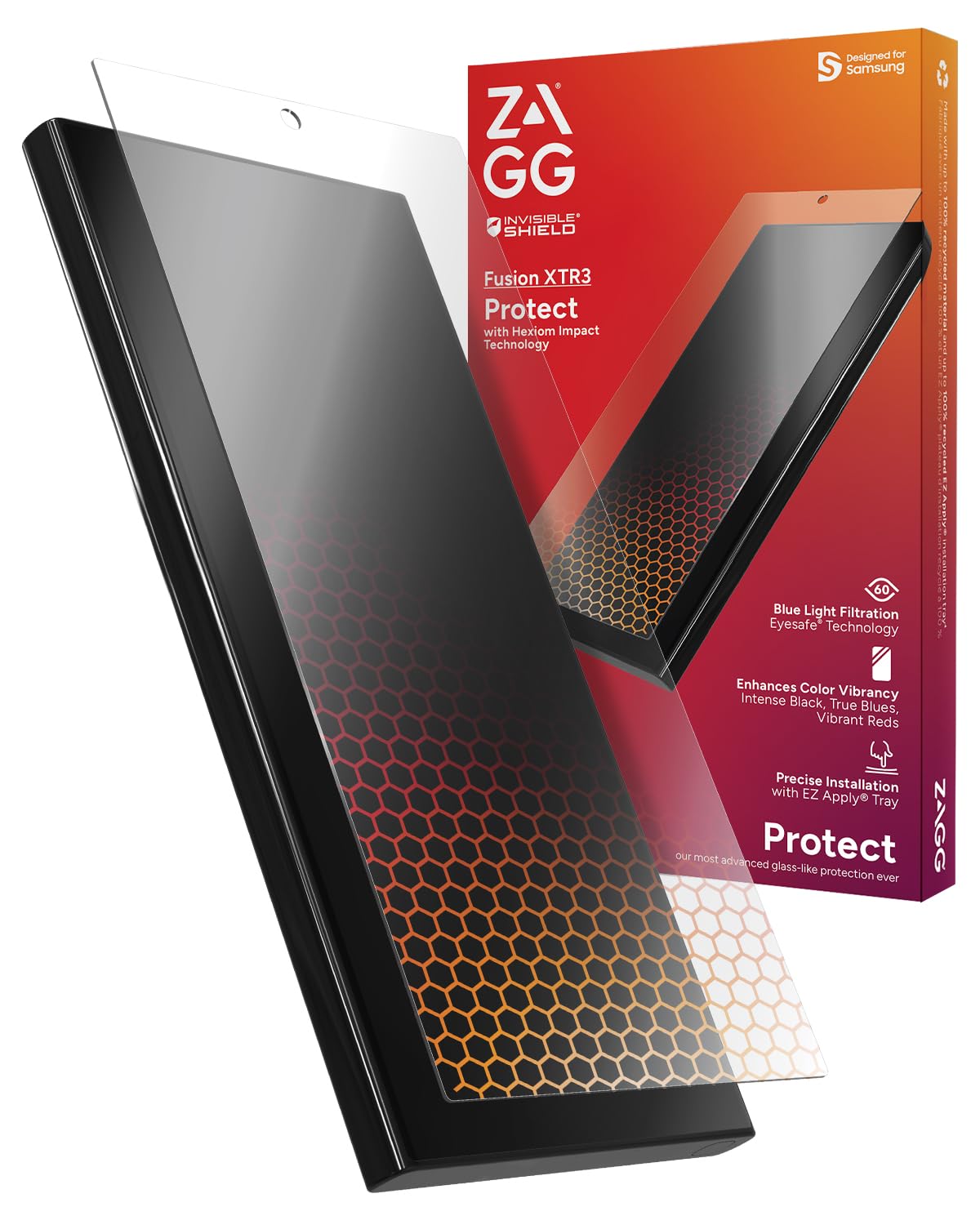 ZAGG InvisibleShield Fusion XTR3 Samsung Galaxy S24 Ultra Screen Protector – Hybrid Polymer, Hexiom Impact, Advanced Blue Light Filter, Anti-Reflective, Recycled Materials, EZ Apply Installation