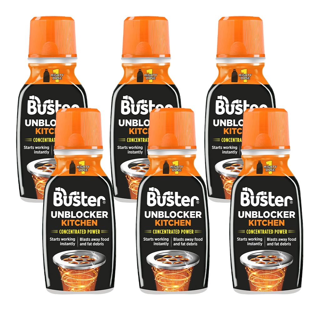 Buster Kitchen Plughole Unblocker (Pack of 6 x 150g) Fast-Acting Sink Unblocker Dissolves Fat, Food & Debris, Drain Cleaner Clears Blockages in Kitchen Sink Pipes - Made in UK