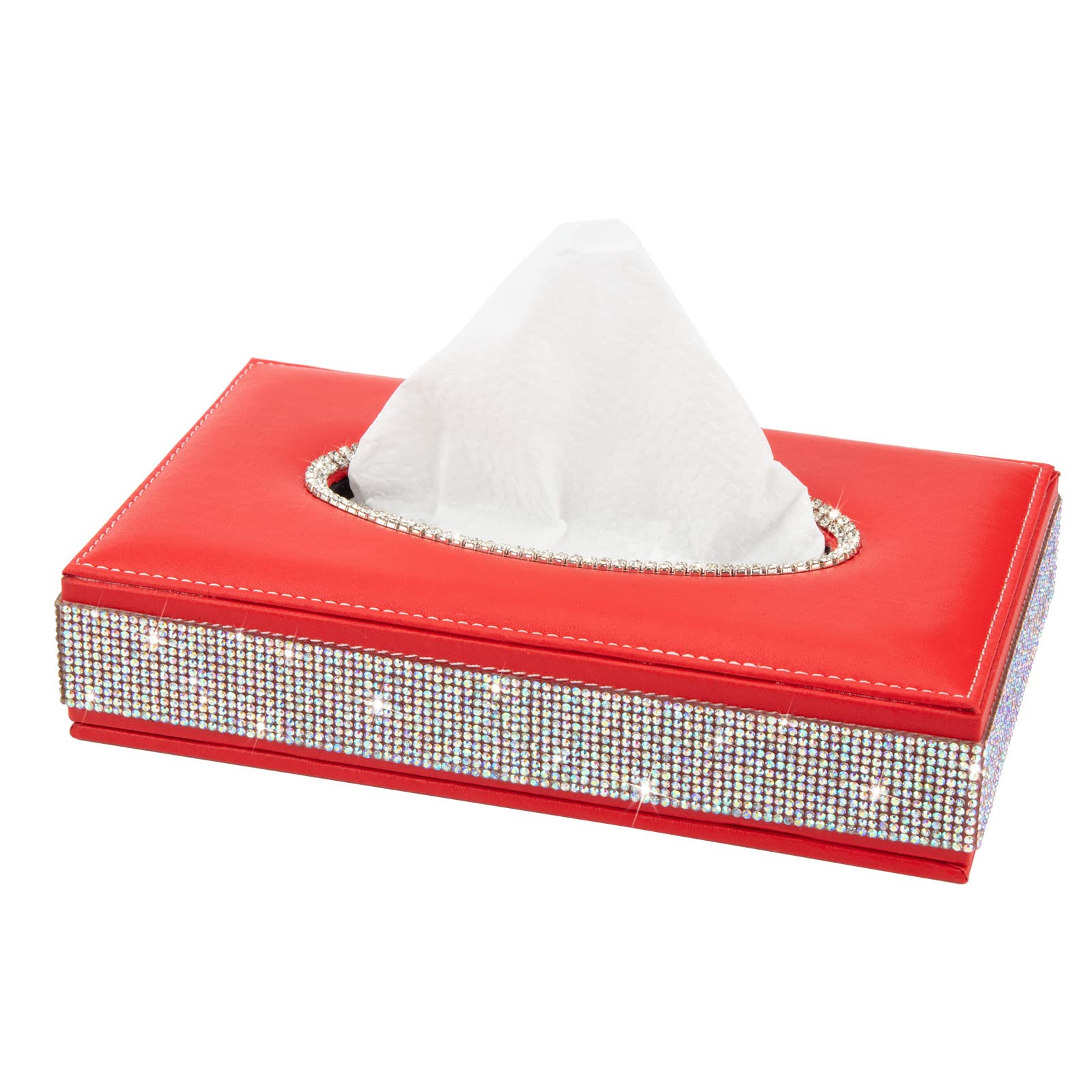 eing Rectangle Tissue Box Cover - Decorative Tissue Holder was Finished in Bling Crystal Diamonds and Made by Premium Leather,Perfect for Car,Office,Home - Red