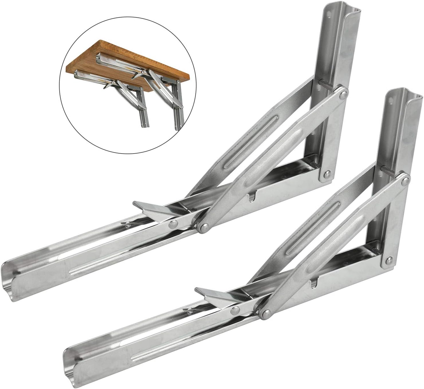 DasMarine 2pcs Polished 304 SS Wall Mounted Folding Shelf Bracket Support for Table Bench Desk Support Bracket (Mounting Screws and Board not Included) Short Release Arm, 300KG/660LBS Max Load