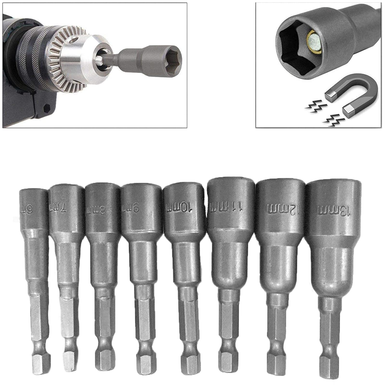 Safekom 8pc 1/4" Hex Magnetic Nut Driver Socket Set Metric Impact Drill Bits 6 to 13mm Adapter
