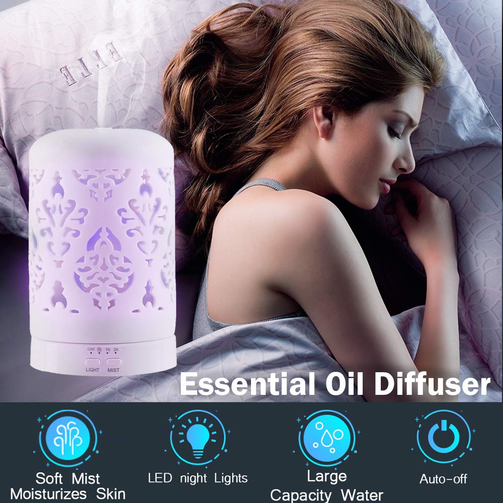 Essential Oil Diffusers White Aroma Ceramic Diffuser with 4 Timer Setting&7 Color LED Lights (Damask) : Beauty