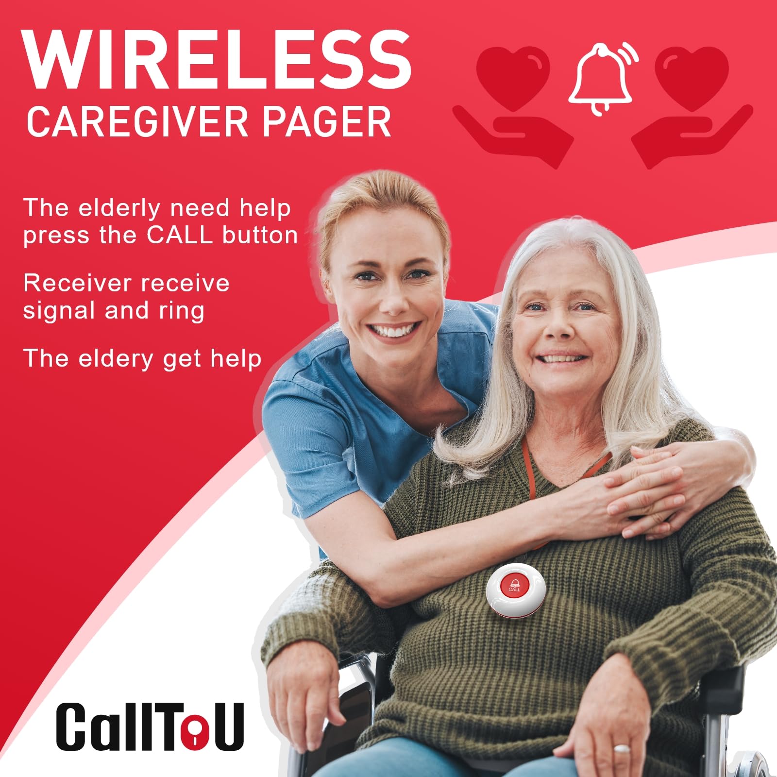 CallToU Wireless Caregiver Pager Call Button Call Bell Medical Alert System for Seniors Patients Elderly at Home 2 Waterproof Transmitters 3 Plugin Receivers