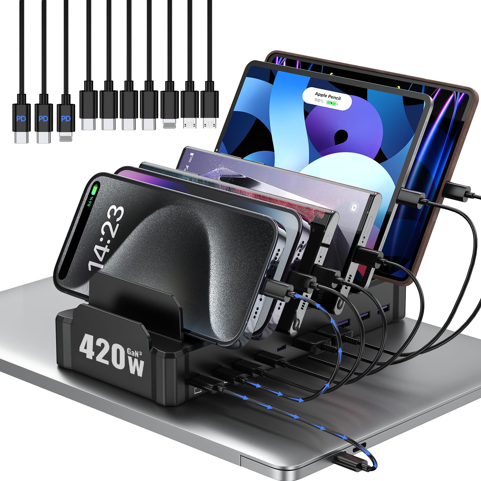 420W Charging Station for Multiple Devices, Zobirez 10-Port USB C Fast Charger Stations for MacBook, iPhone, Android Cell Phone, iPad, Tablet, Family Multi-Device Organizer Charging Dock, Black