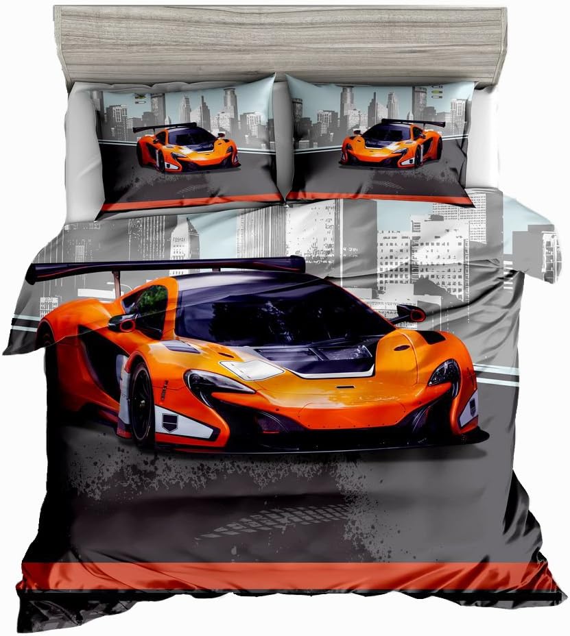 SHOMPE Twin Size Kids Speed Sports Car Duvet Cover Set,3 Piece Bedding Set with Pillow Shams for Teens Boys Girls ,NO Comforter