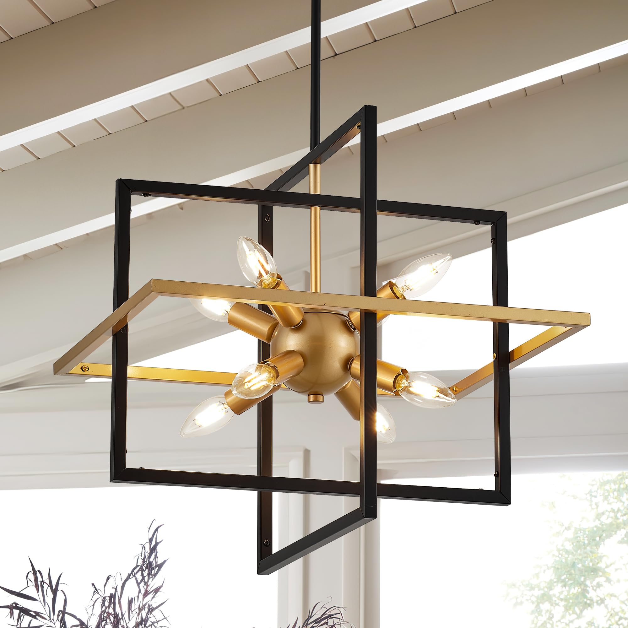 Photo 1 of TACDANDM 18.9'' Black Gold 8-Light Sputnik Chandelier Modern Industrial Adjustable Hanging Geometric Pendant Light Fixture for Entryway Foyer Stairway Hallway Bedroom Living Room Kitchen Island