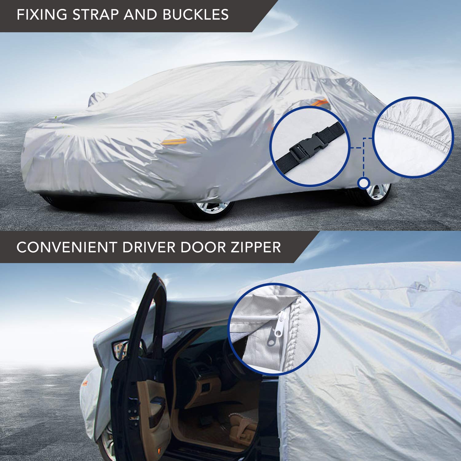 Car Cover Universal Full Car Covers with Zipper Door 6 Layers All Weather Protection Waterproof Windproof Dustproof Scratch Resistant Outdoor UV Protection Car Reflective Strips for Sedan Wagon Use