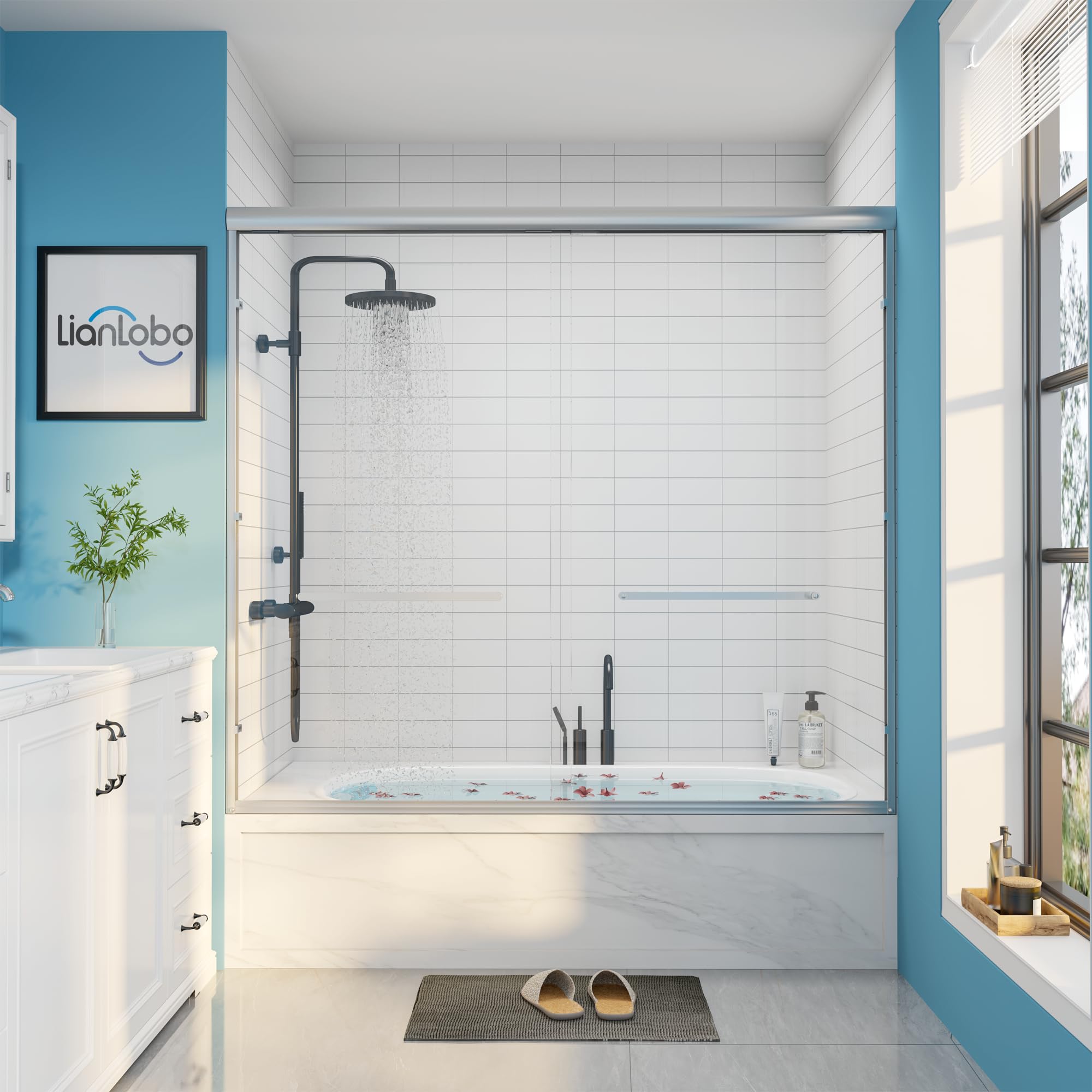 Photo 1 of 60" W x 57" H Glass Shower Door, Shower Doors Glass Sliding 60 Inches, Aluminum Semi-Frameless & 1/4"(6mm) Clear Tempered Glass Double Sliding Shower Door Replacment for Bath Tub, Chrome Silver