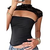 RoseSeek Women's Cut Out Lace Patchwork T Shirts Mock Neck Short Sleeve Fitted Crop Tops