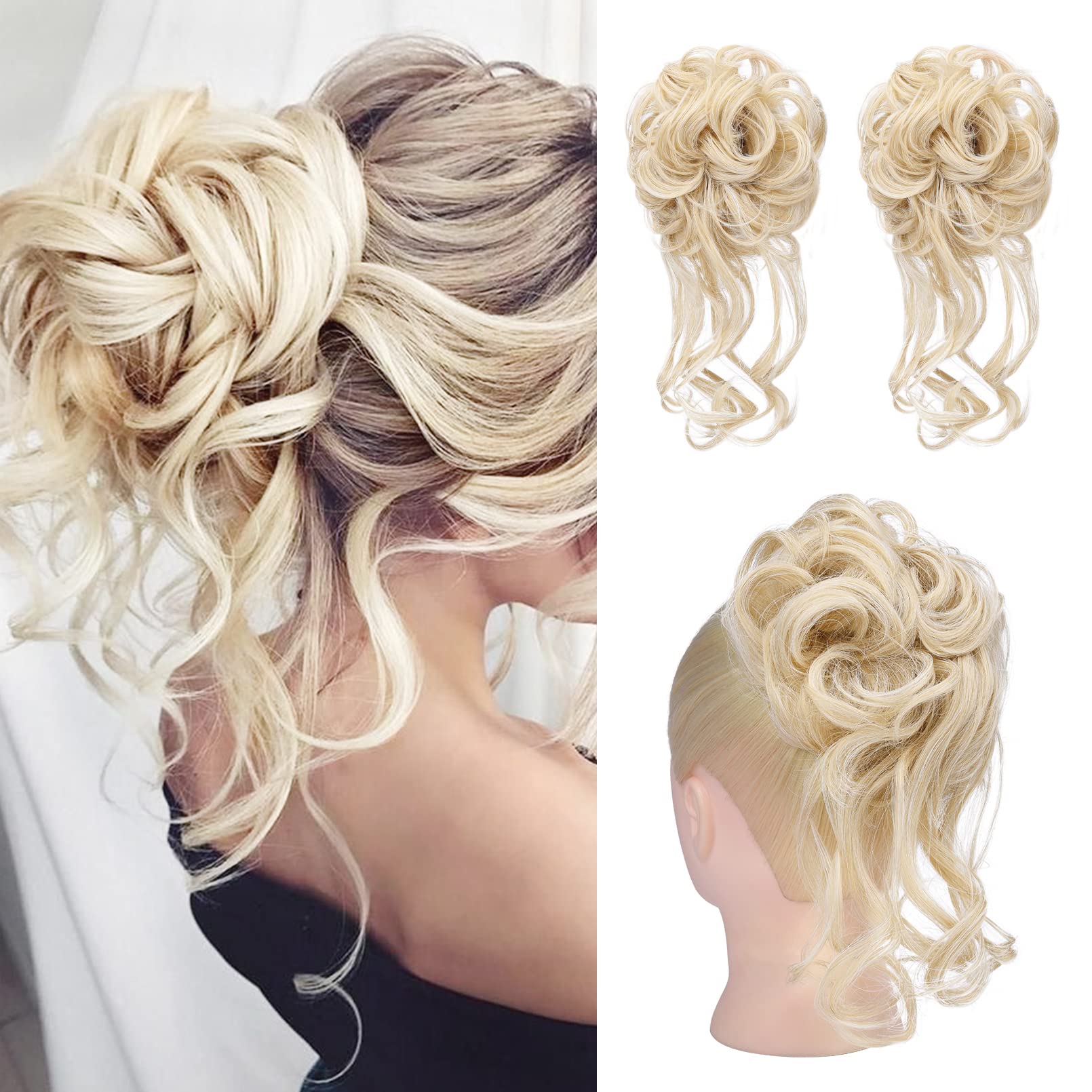 Photo 1 of HOOJIH Messy Bun Hair Piece, 2PCS Tousled Updo with Tendrils Hair Bun Extensions Wavy Curly Hair Wrap Ponytail Hairpieces Thick Hair Scrunchies for Women HB010 Dasiy - Cool Light Blonde