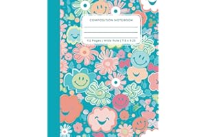 Preppy Notebook: Happy Smiling Face and Flowers with 70's Vibes. Cute Smiley Faces Aesthetic. Blue Composition Notebook in Wide Ruled. 110 pages. 7.5" x 9.25"