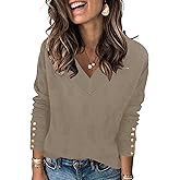 AKEWEI Womens V Neck Sweaters Long Sleeve Lightweight Knit Pullover Tops with Decorative Buttons