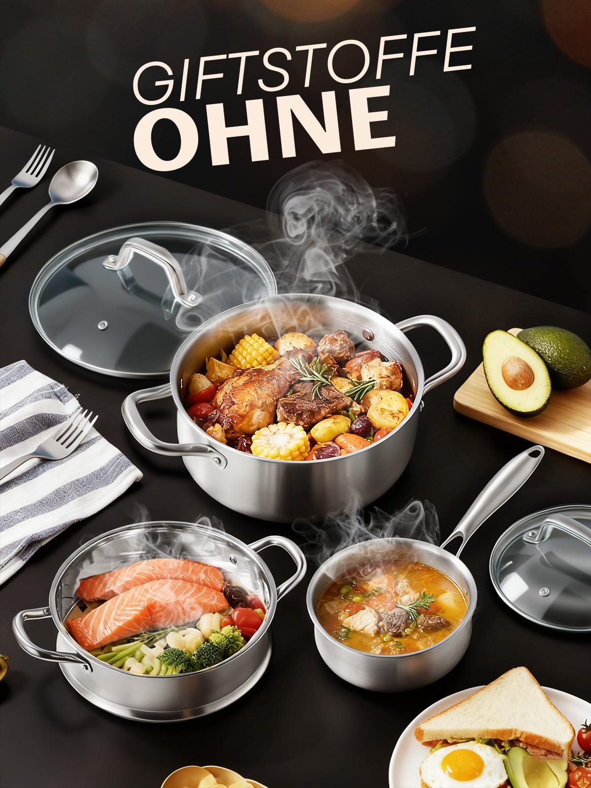Topfset Edelstahl 3-PLY, 15-tlg Premium Induktions Töpfe Set Induktionsgeeignet für alle Herdarten, mit Dünsteinsatz & 5-Teilig exklusivem Löffelzubehör, unbeschichtet, für Camping und Wohnung 7