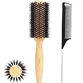 Vista Round Hair Brush with 10mm Boar Bristle 15mm Nylon Bristle Hairbrushes for Women Bamboo Hair Brush Styling with Tail Comb for Blow Drying, Shiny, Smooth, Long, Curly Hair