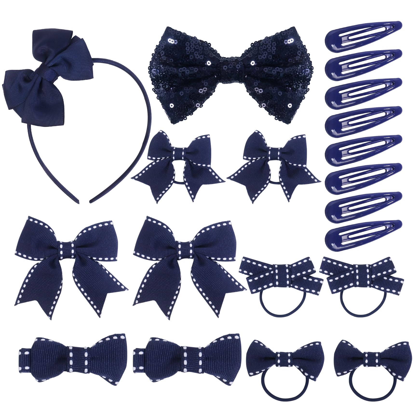 20Pcs School Hair Accessories Kit,Navy Blue Girl Hair Bow Glitter Hair Clips Ribbon Hair Barrettes Bow Headband,Blue Hair Accessories for School Girl Toddler