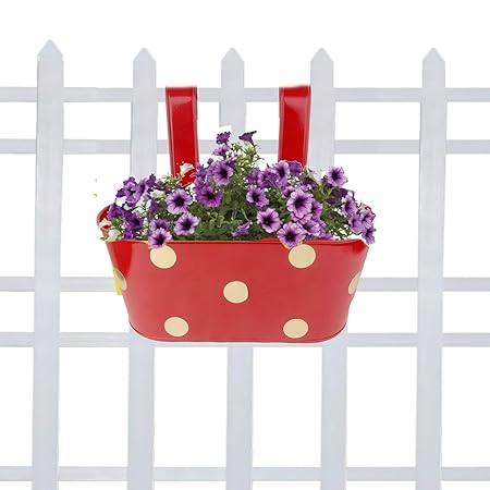 DreamKraft Dotted Oval Railing Planter (9.5x6x12 in, Red)