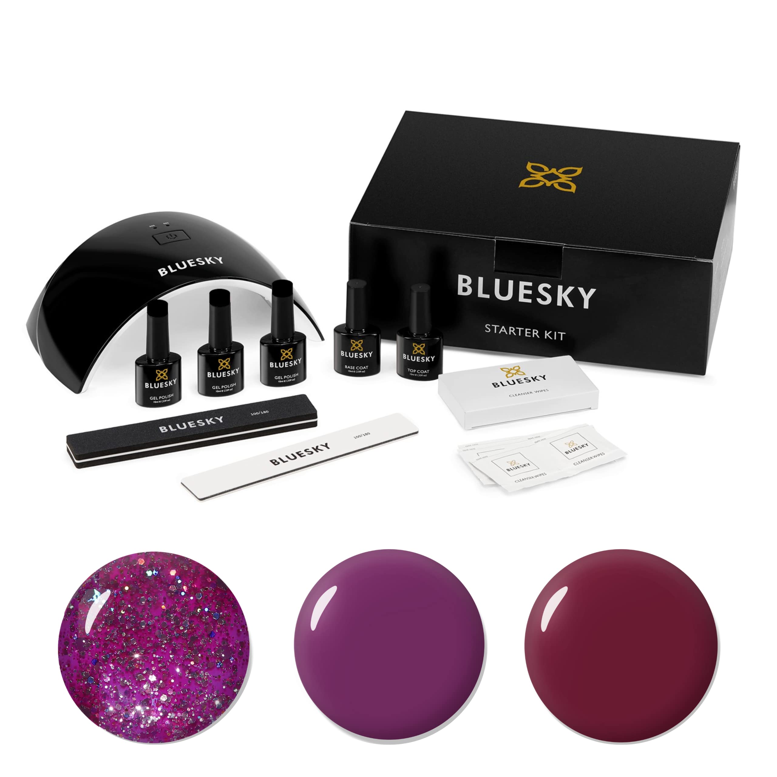 BLUESKY Winter Gel Nail Polish Starter Kit - UV LED Lamp, 3 x 10ml Polishes, Cleanser Wipes, Base & Top Coat, Nail File