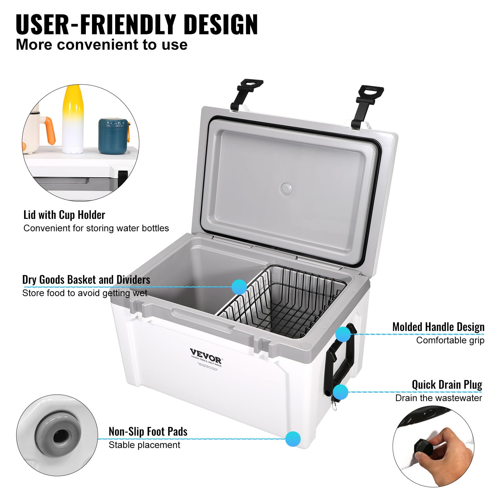 VEVOR Ultra-Light Hard Cooler, Ice Retention Cooler with Heavy Duty Handle, Ice Chest Lunch Box for Camping, Travel, Outdoor, Keeps Cool for up to 6 Days, 30% Lighter Than Rotomolded Coolers
