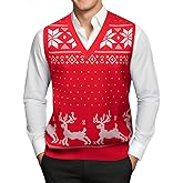 Barry.Wang Mens Christmas Sweater Vest Red/Green Ugly Xmas Reindeer Snowflake Sleeveless Knitted Pullover Holiday Party