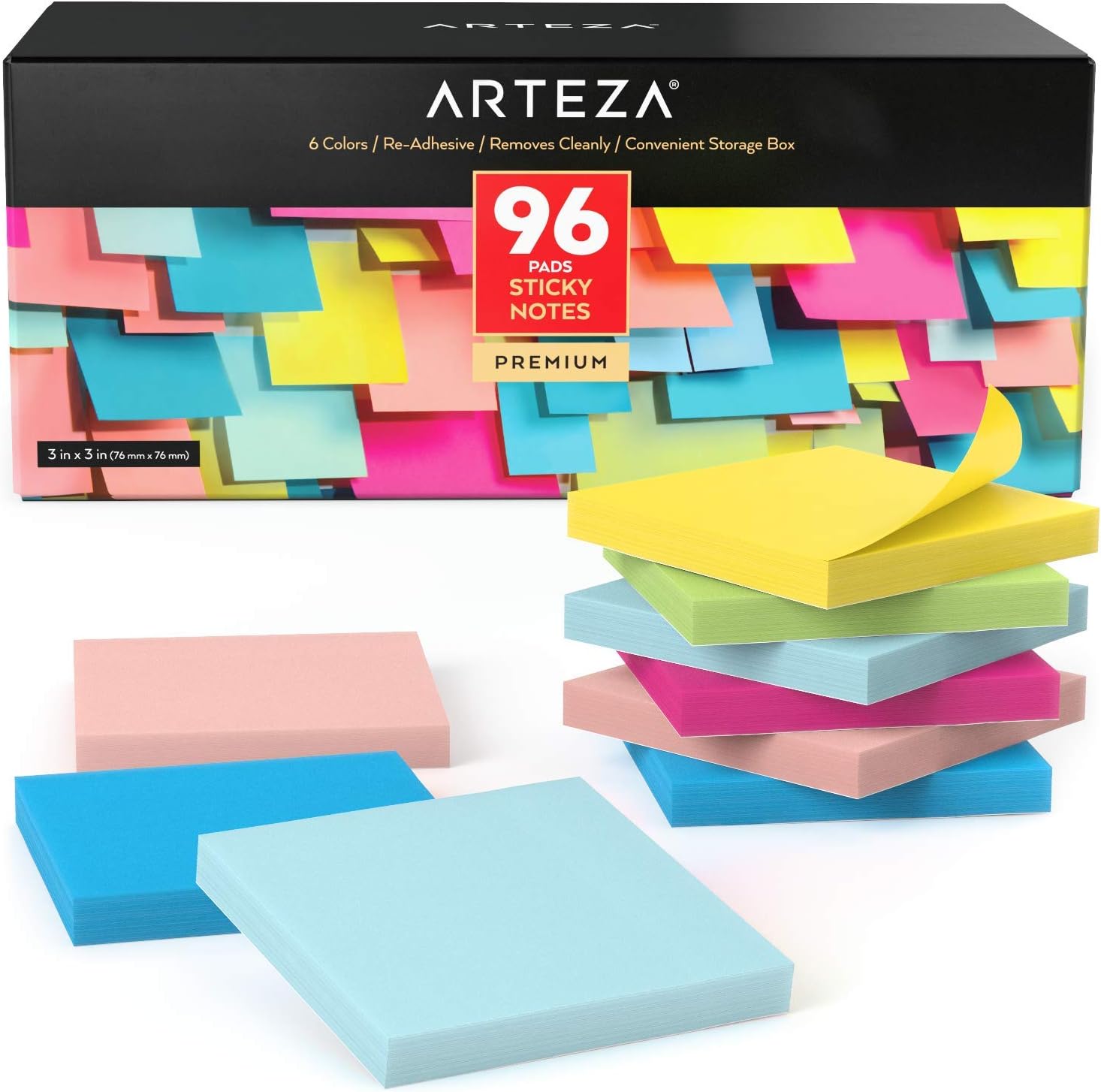 ARTEZA 3x3 Inches Sticky Notes, 96 Pads, 100 Sheets Per Pad, Bulk Pack, Assorted Colors, Re-Adhesive, Clean Removal, for Reminders, Studying, Office, School, and Home