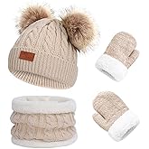 Duoyeree Baby Winter Hat Scarf Glove Beanie Set Girls Boys Pom Pom Knitted Beanie Mitten Scarves for Toddler 0-3T