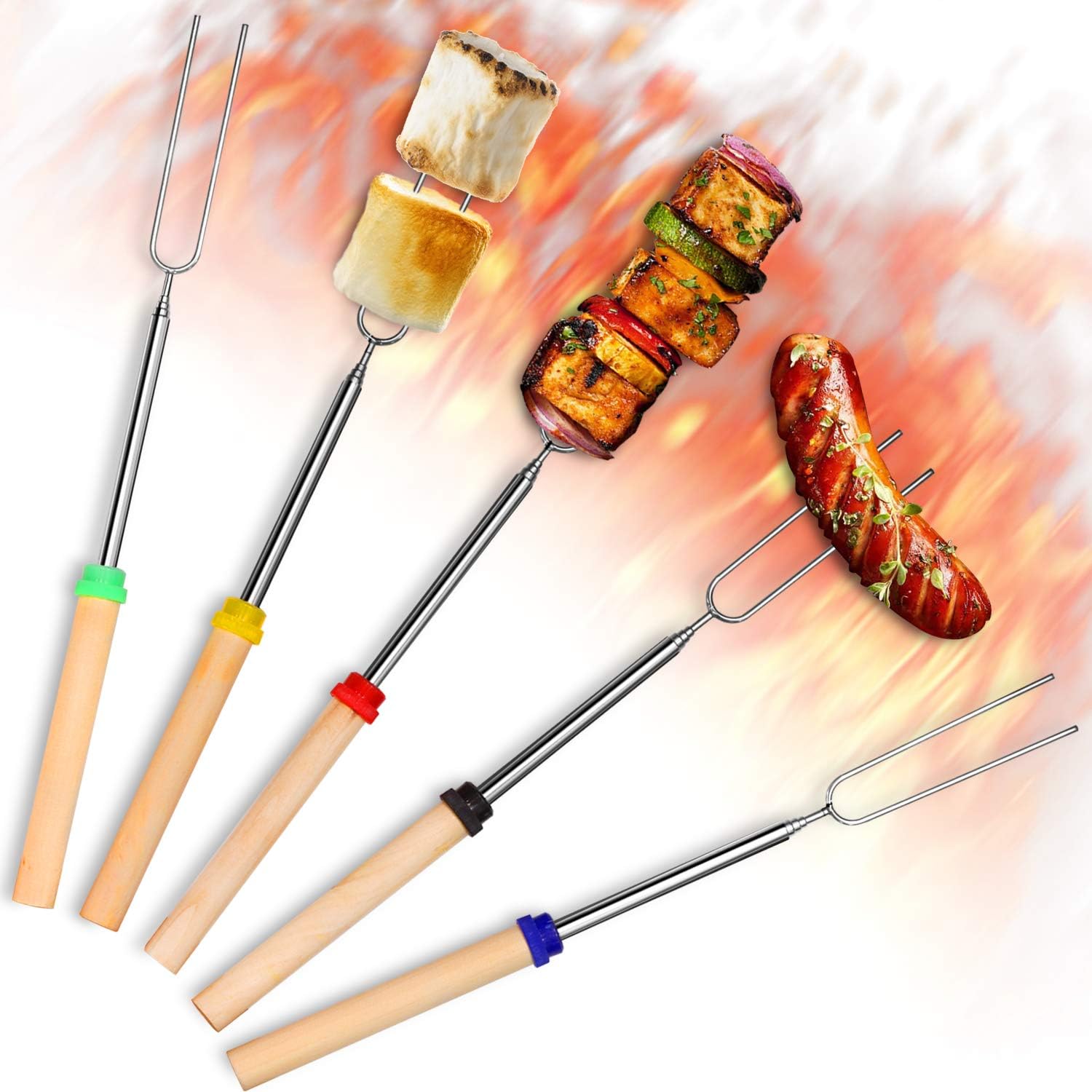 Betus Marshmallow & Smores Roasting Stick for Campfire - 32 Inch Extra Long Metal Extendable with Wooden Handle - Telescoping BBQ Grill Kid Skewer Fork Camping Accessories for Fire Pit - Set of 5 Pcs