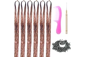 XIAO TAO ZI Hair Tinsel Kit with Tools 43 Inch 6 Packs 1200 Strands Tinsel Hair Extensions for Women and Girls Heat Resistant Sparkling Shiny Glitter Hair for Christmas Cosplay Party New Year (43 inch, coffee)