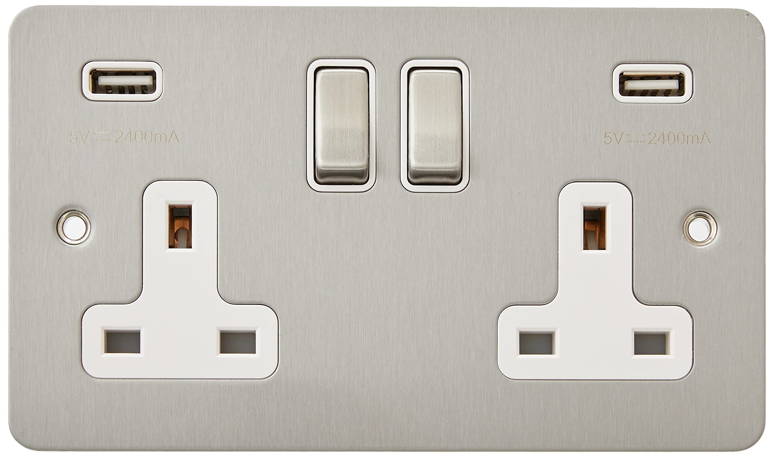 AET USBFSC2GSOCWC 13 A 2-Gang Satin Chrome Flat Double Plug Socket Dual USB Power Outlet W/USB Charging Ports with White Insert Metal Rocker Switches