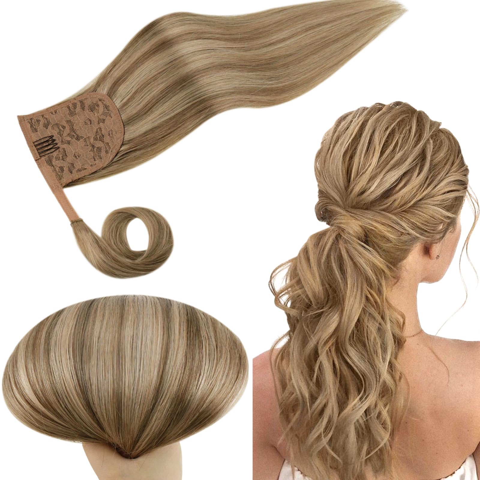 RUNATURE Blonde Ponytail Hair Extensions - Real Human Hair Dark Blonde Highlight Caramel Clip in Extensions - 80 Gram