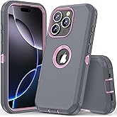 COOYA for iPhone 16 Pro Max Case Full Body Drop Protection Rugged Case Shockproof 3-Layer Heavy Duty Hybrid Non-Slip Rubber Phone Cover Front Bumper Hard Shell for iPhone 16 Pro Max 5G 6.9'' Grey+Pink