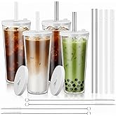 Honeydak 4 Pack Reusable Iced Coffee Cups with Lids and Straws Leakproof Double Wall Insulated Clear Plastic Iced Coffee Tumblers with Straw Brushes (24oz,White)