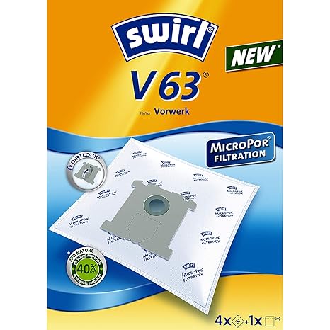 Swirl V63 Staubsaugerbeutel (für Vorwerk Staubsauger, stabil und saugstark, verschließbare Halteplatte, 4 Beutel, 1 Filter)