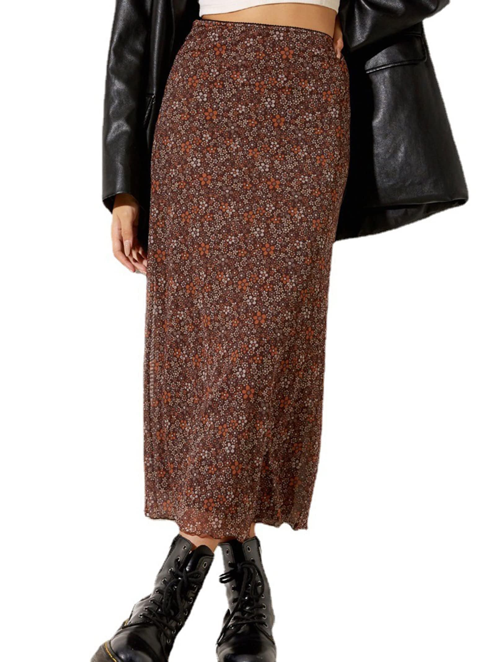 Photo 1 of SOFIA'S CHOICE Women's High Waist Floral Skirts A Line Mesh Midi Skirt Brown Large
