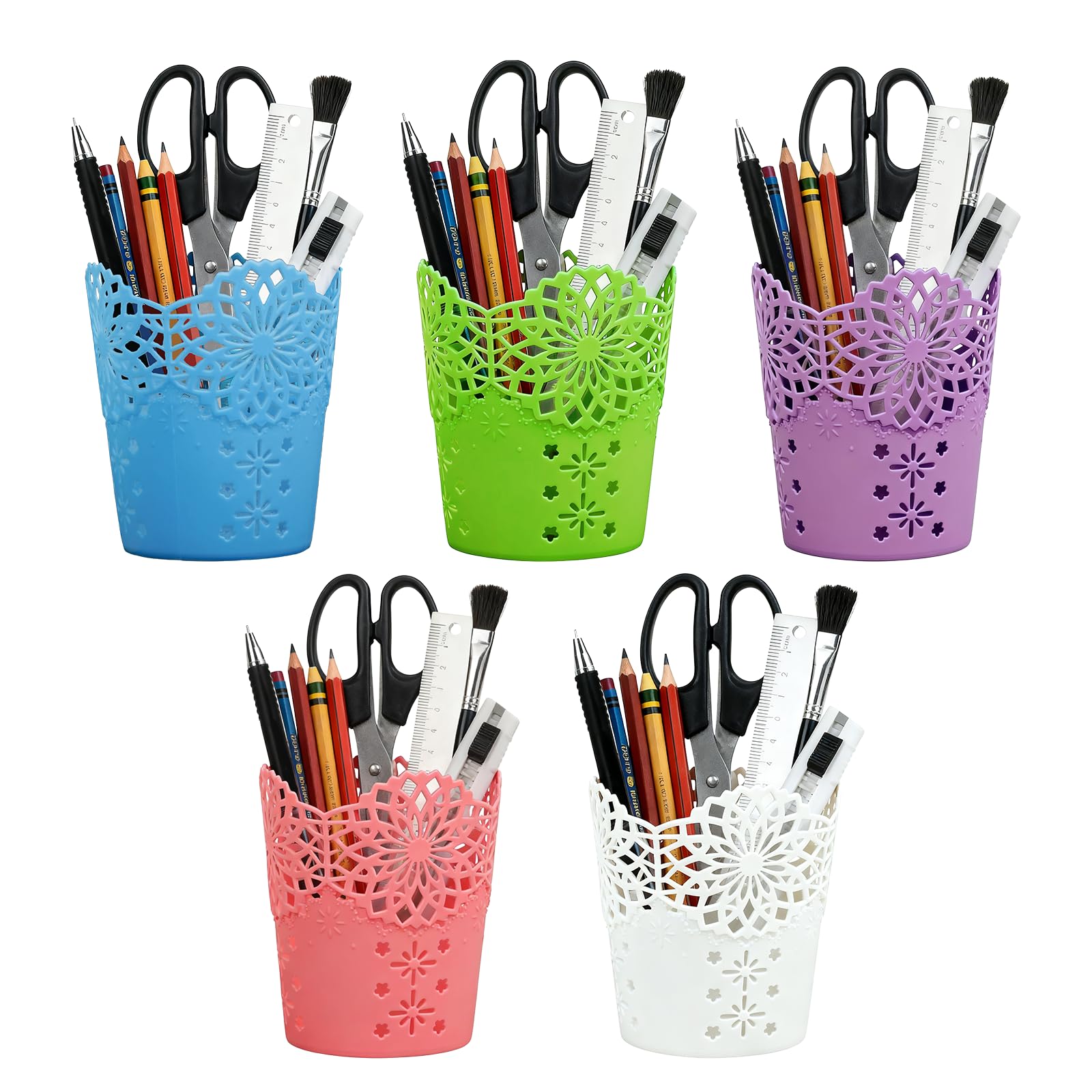 Lifreer Pen Pot, 5Pcs Hollow Flower Pencil Pots for Desk Office Storgae Organizer Makeup Brush Holder Stationary Pot Pen Pencil Holder