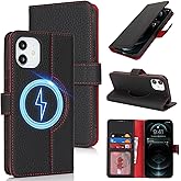 Zouzt for iPhone 11 6.1" Genuine Leather Wallet Case with Card Holder, for MagSafe Magnetic Wireless Charging, Flip Folio Book Kickstand Shockproof Cover Women Men iPhone 11 - Litchi Black
