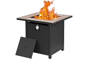 SHINTENCHI Walsunny Propane Fire Pits 28" Outdoor Gas Fire Pit,Square Gas Fire Pit Table with Walnut Ceramic Tile Tabletop,Outdoor Propane Fire Pit Table with Lid and Lava Rock for Garden/Patio,CSA Certified