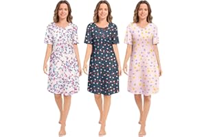 CONOMAX 3 Pack Nightgowns for Women Short Sleeve Night Gown Soft Sleep Shirts Women's Sleepwear Print Nightdress