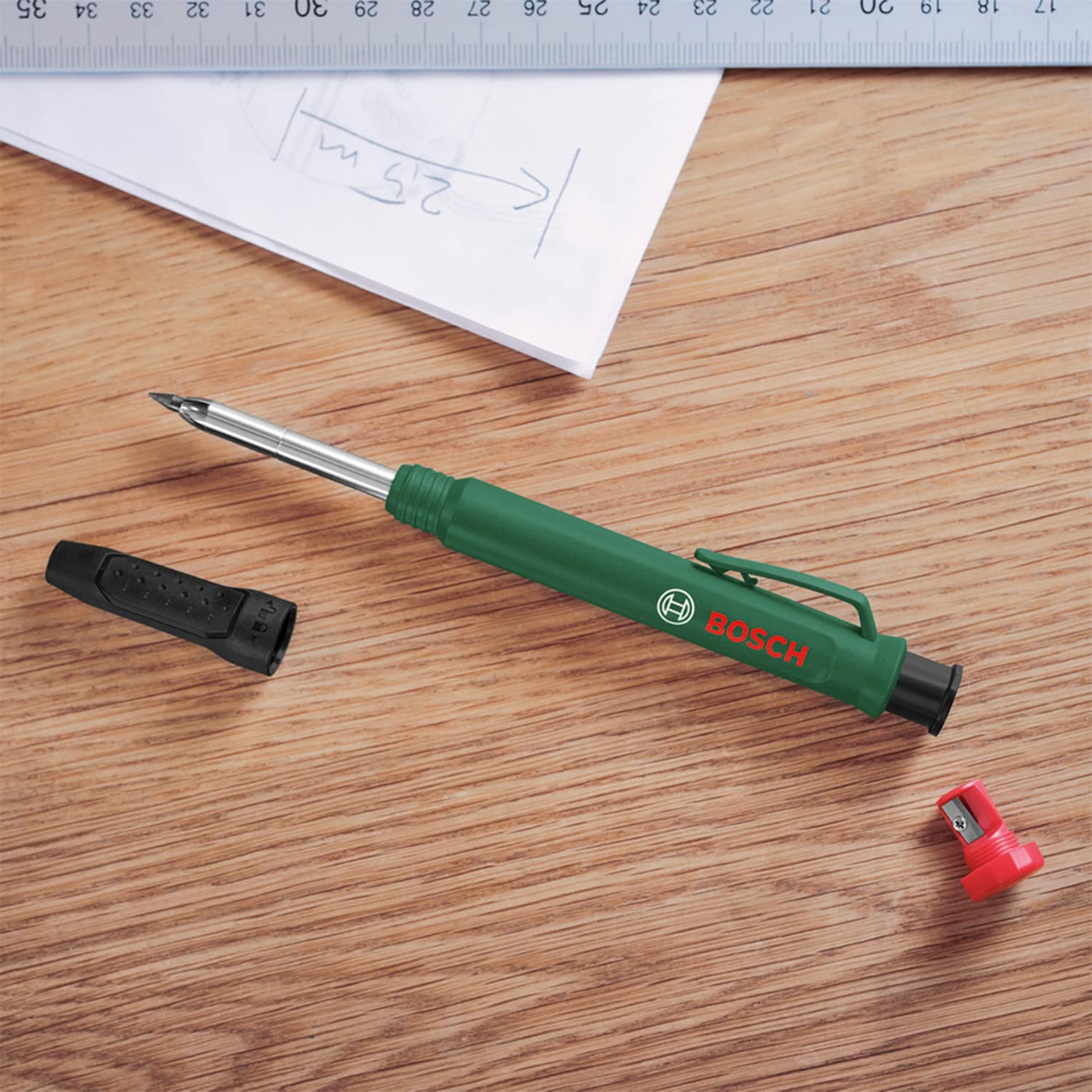 Bosch Tieflochmarker Bleistift (cleverer und robuster Tieflochmarker Druckbleistift zum Markieren auf Stein, Holz, Papier und anderen Materialien; integrierter Anspitzer) 5