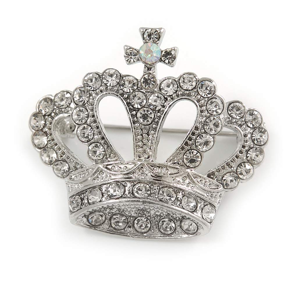 Clear Crystal Crown Brooch In Silver Tone - 35mm Across