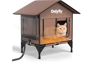 ONLYFLY Heated Cat House for Outside: Heated Outdoor Cat House Weatherproof, Elevated Insulated Cat Shelter for Winter with Escape Door for Strays Feral Barn Cats Backyard Farm Porch（Brown）