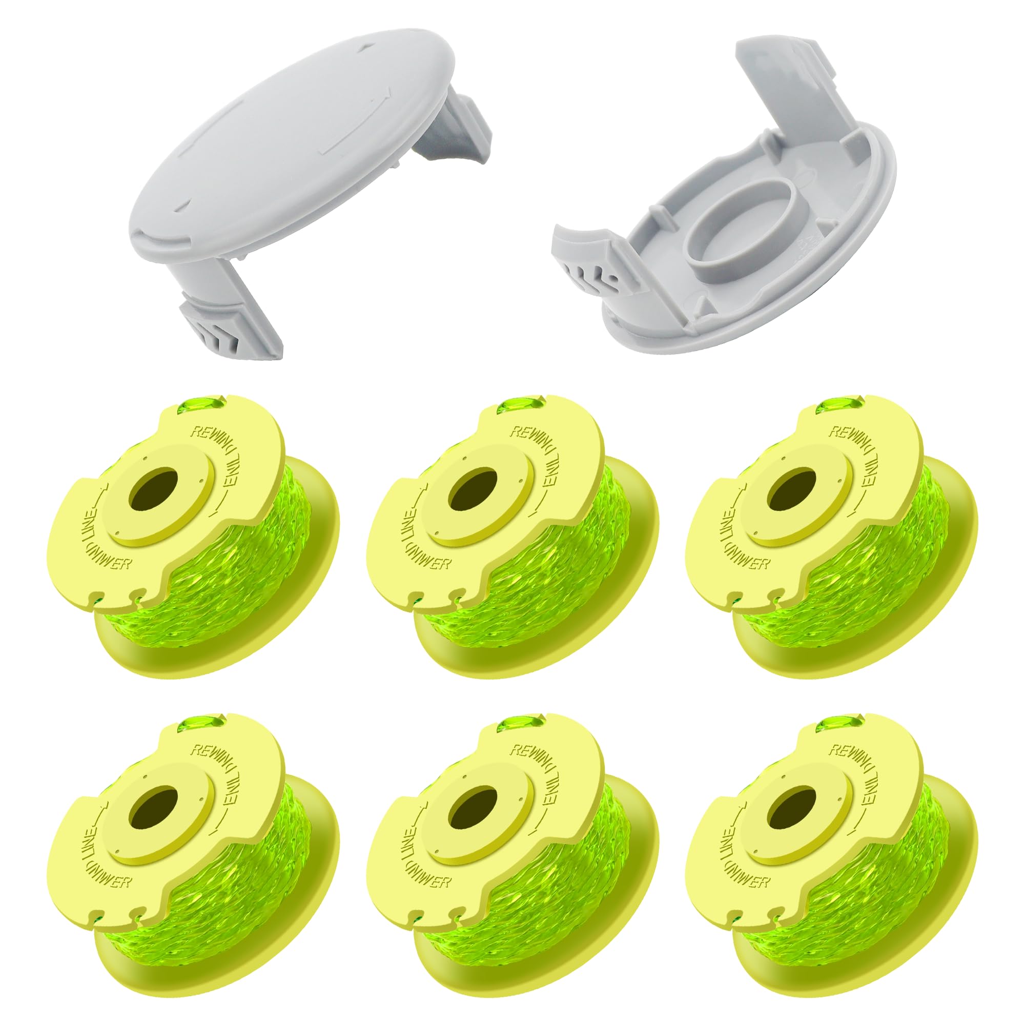 Photo 1 of Wacker String Replacement for Ryobi One Plus+ AC80RL3 .080 Twisted String Trimmer Line Compatible with Ryobi 18V, 24V, 40V Cordless Trimmers (6 Replacement Spool + 2 Trimmer Cap Cover)