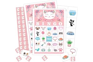 Qssfdgg Cat Floral Bingo Cards, 24 Player Kitty Party Bingo Game for Family Adult, Kitten Party Favor, Large Group Party Celebration Activity -06