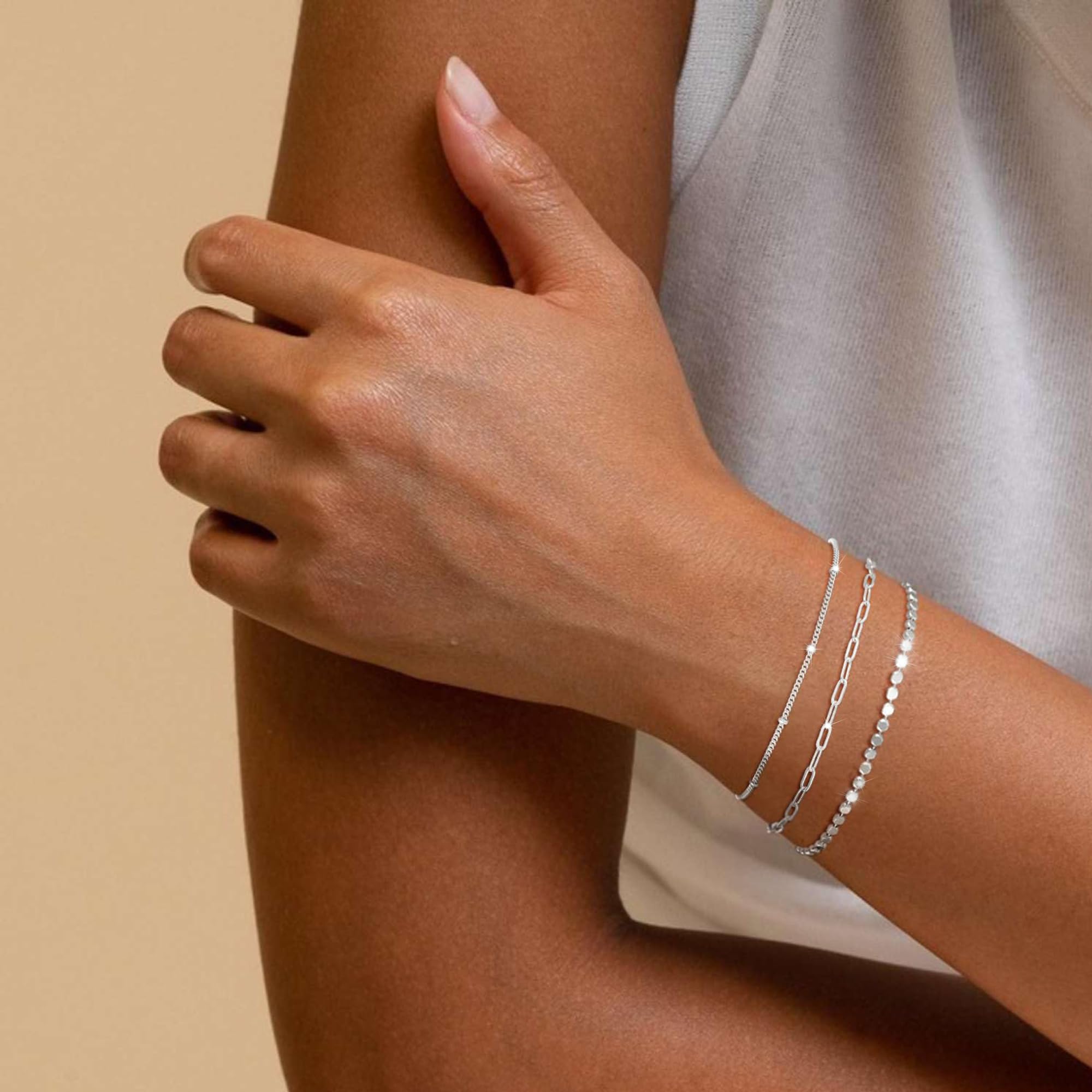 MBW Silver Bracelets for Women, Dainty Silver Bracelets for Women Set 14K Silver Bracelet Stack Waterproof Jewelry for Women Trendy Minimalist Simple Small Thin Bracelet Set for Women Teen Girls Gift