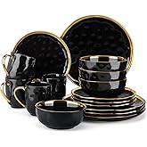 LOVECASA 16 Pieces Plates and Bowls Sets, Porcelain Black and Gold Dinnerware Sets, Round Dinner Plates Dishes Set Service for 4, Dishwasher Safe and Scratch Resistant, Black