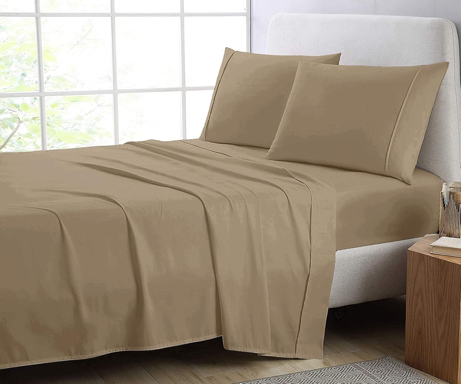 Lavish Touch Queen Size Fitted Sheet - Cotton Rich 1250TC Tri-Blend with Solid Sateen Weave - 16 Inch Deep Pocket, Easy Fits - 1 Fitted Sheet Only (Queen, Taupe): Kitchen & Dining