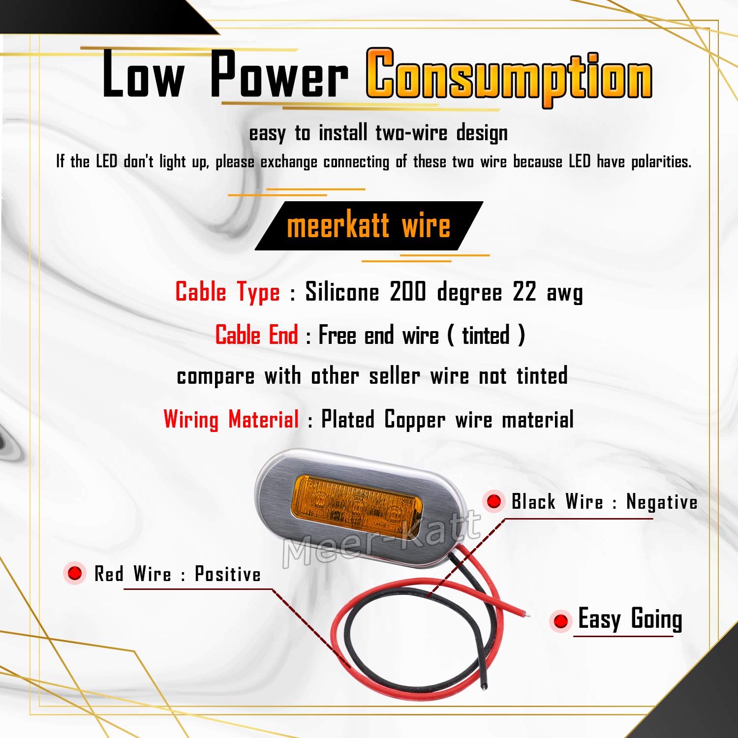 Meerkatt (Pack of 10) 3 Inch Oblong Amber LED Marine Courtesy Light Sealed Flush Mount Clearance Lamp for Yacht Stair Deck Garden Boat RV Cabin Truck Waterproof 12V DC with Chrome Stainless Bezel UV12