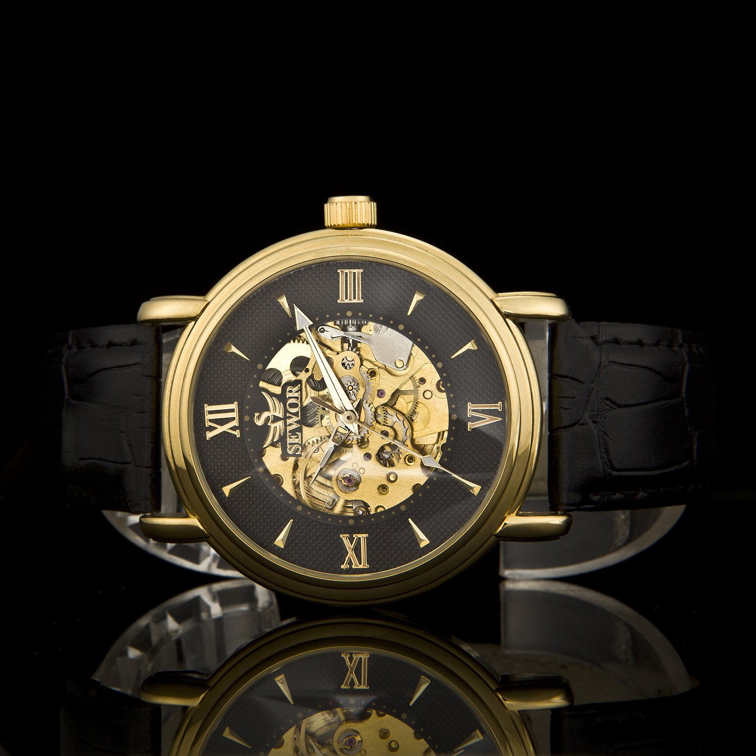 Sewor Men\'s Dress Mechanical Hand Wind Gold Movement Leather Wrist Watch (Brown Gift Box) (Gold Silver)