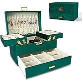 Dajasan Jewelry Box for Women, 3 Layers Large Velvet Jewelry Organizer, Jewelry Storage Organizer, Jewelry Case for Earring, Ring, Necklace, Bracelets (Green)