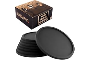 Set of 8 Silicone Coasters by Barvivo - Durable Slip Resistant Drink Coasters for Coffee Tables, Mugs, Wine Glasses and Cocktails - Dishwasher Safe with Raised Lip for Tabletop Protection - Black